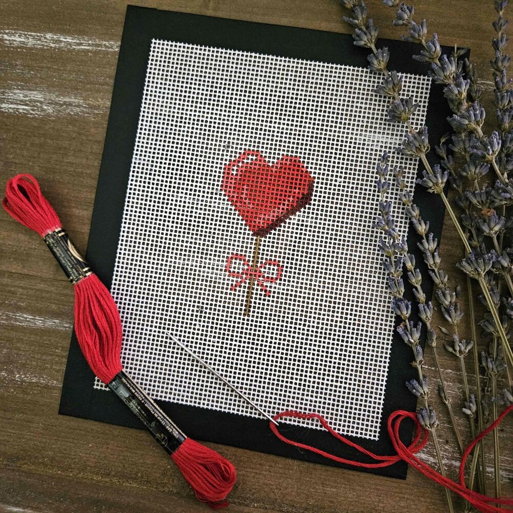 NEEDLEPOINT - Hand painted Valentines Day Canvas - Heart Lollipop